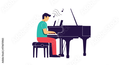 Man Playing Grand Piano with Musical Notes Emitting in a Colorful Style Illustration