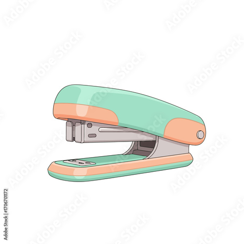 Cute pastel mint green and peach stapler illustration, a fun stationery tool for office or school, isolated on white