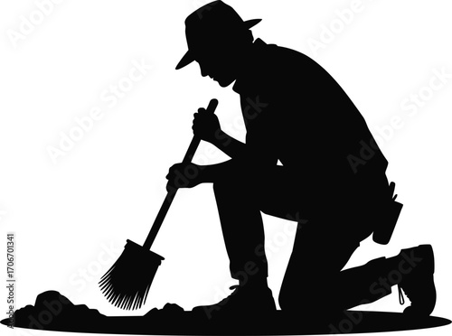 Diligent archeologist silhouette uncovering ancient treasure chest silhouette