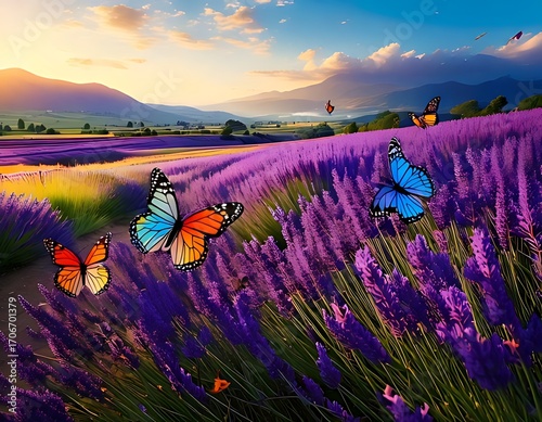 Vibrant lavender field at sunset with butterflies (1)
