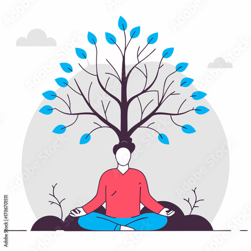 A person meditating with a tree growing out of their head, symbolizing inner peace and growth