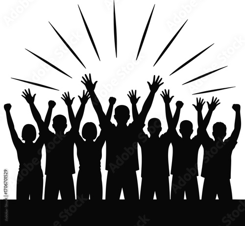 Excited crowd cheering with raised hands silhouette