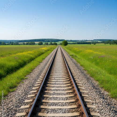 Railroad Track Through Grassy Field