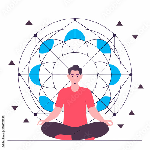 A person is meditating, surrounded by sacred geometric shapes. The image suggests mindfulness and spiritual practice.