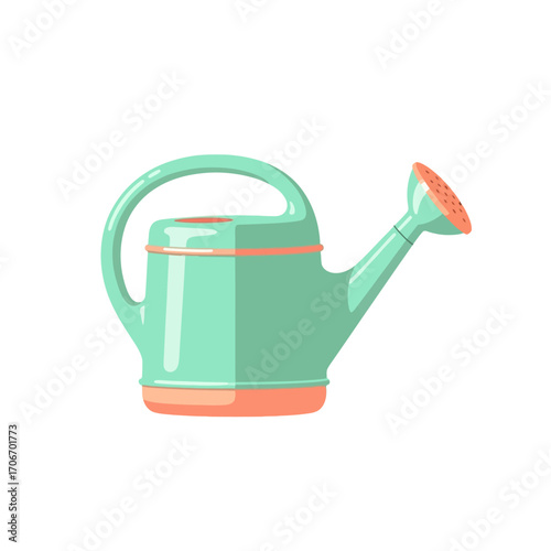 Vector illustration of a classic garden watering can for plant care. Isolated mint green gardening tool for watering flowers and plants