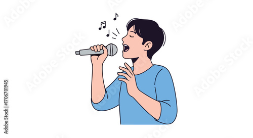Illustration of a Passionate Male Vocalist Performing with a Microphone expressing energy and emotion through song within a musical context
