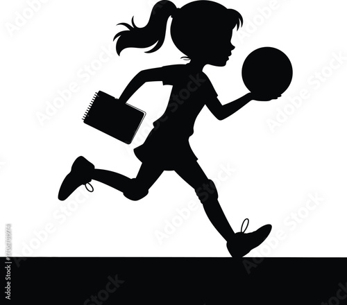 Young girl running with a ball silhouette in motion