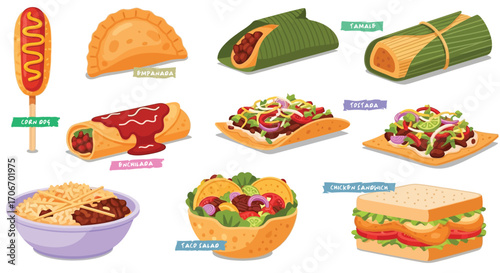 Fast food. Corn dog, empanada, tamale, enchilada, tostada, burrito bowl, taco salad, chicken sandwich. Flat vector illustrations isolated on a white background
