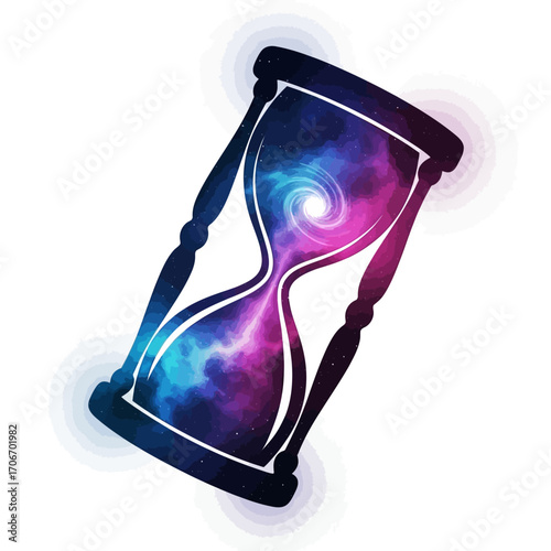 Conceptual art of a celestial hourglass filled with a swirling galaxy, representing the flow of cosmic time and the mysteries of the universe