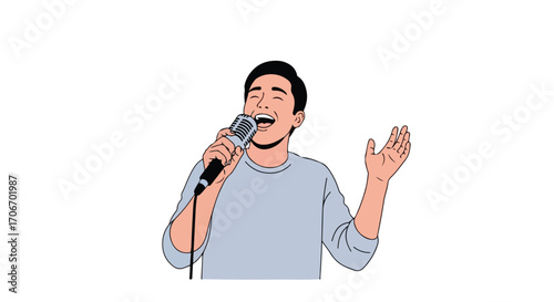 Passionate performer singing with vintage microphone conveying enthusiasm and joy within a musical performance during captivating show
