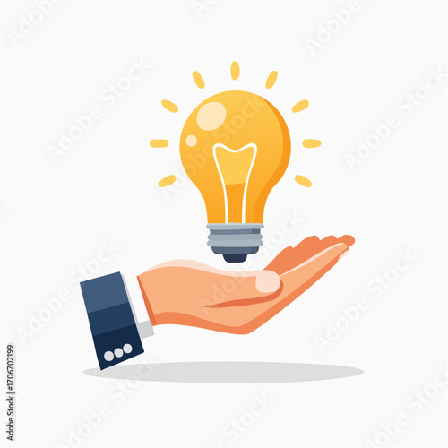 Conceptual Illustration: A hand presenting a glowing light bulb, representing creative ideas