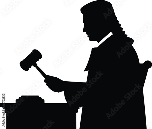 Judge striking gavel in courtroom silhouette