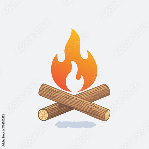 Conceptual illustration of a campfire with burning flames and wooden logs on a white background