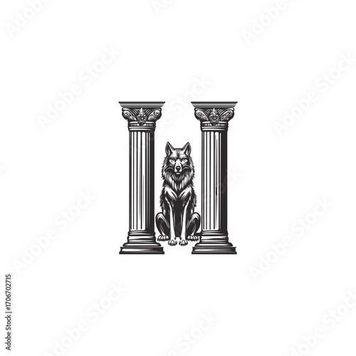 Elegant vector illustration of a two-headed wolf or mythological creature sitting between two ancient Greek or Roman Ionic columns