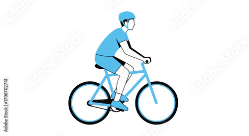 A cyclist rides a bicycle in a blue outline on a white background depicting sports and recreation activities for health