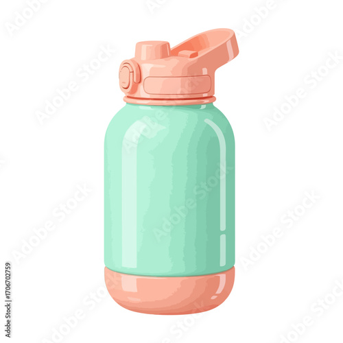 Cute pastel mint and pink reusable water bottle with a convenient straw lid. Vector illustration promoting hydration, wellness, and an eco-friendly lifestyle