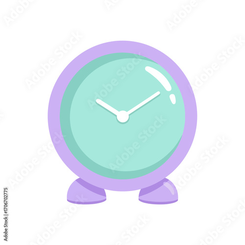 Minimalist pastel alarm clock icon on a white background. Simple flat vector illustration of a purple and mint green timepiece