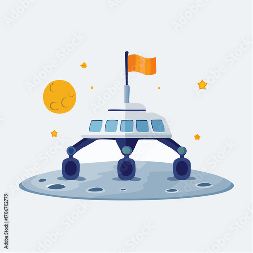 Conceptual illustration of a lunar rover exploring the surface of a celestial body with flag