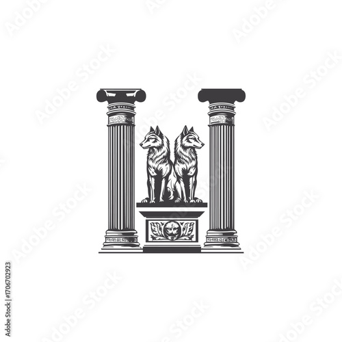 Elegant vector illustration of a two-headed wolf or mythological creature sitting between two ancient Greek or Roman Ionic columns