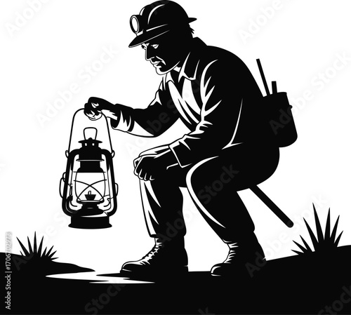 Miner with lantern exploring dark cave silhouette