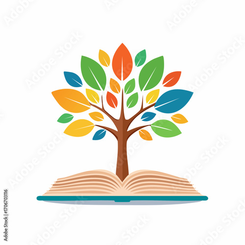 Creative Emblem of Knowledge: A Colorful Tree of Leaves Emerging from an Open Book