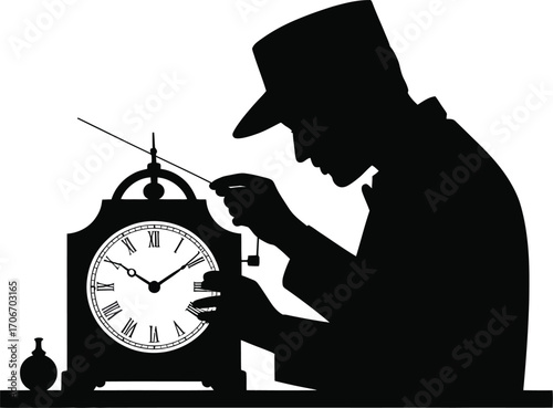 Old watchmaker repairing antique clock silhouette