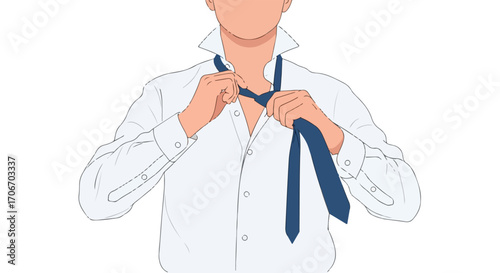 Illustration of a man in a white shirt tying a blue necktie, demonstrating professional attire and sartorial elegance, showing the final touches of