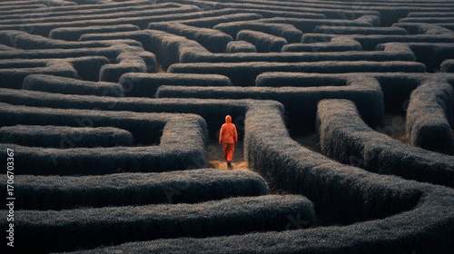 Person in maze, lost and alone, autumn light above, symbol of fear and being the odd one out.