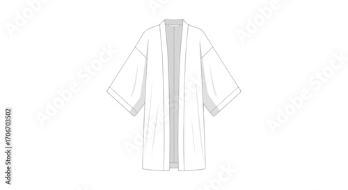 Minimalist line drawing of a kimono robe depicting its design, showcasing the simple elegance of the garment and its details within a stark white