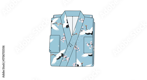 Elegant light blue kimono adorned with graceful cranes and delicate cherry blossom illustrations radiates serene sophistication and cultural grace