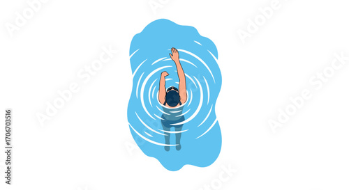 A swimmer practicing freestyle, creating ripples in the calm blue water, a scene of athletic prowess and aquatic serenity displayed in a simplistic