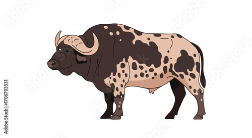 Spotted bovine illustration showcasing a unique color pattern on a robust and horned animal in a clean vector style design