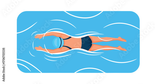 Illustration displaying a swimmer demonstrating the butterfly stroke in the aqua colored water under the bright daylight, a representation of