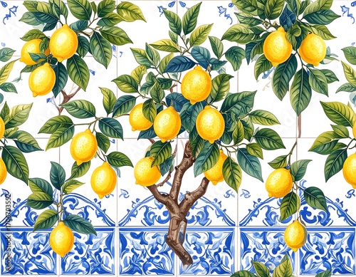 Vibrant lemon trees on a tiled background