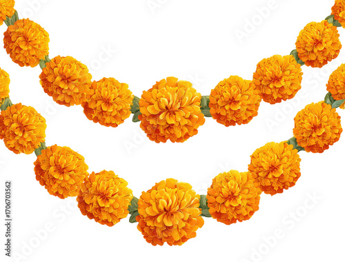 Two rows of vibrant orange marigold flowers, arranged as a garland.  The flowers are tightly grouped, and small green leaves are visible connecting them