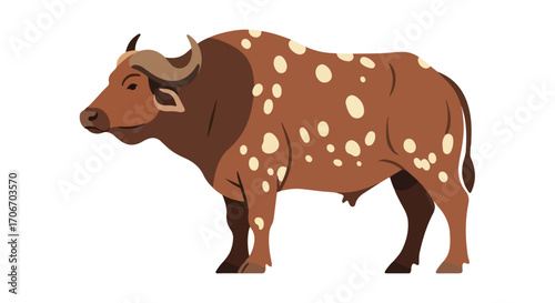 Unique brown buffalo with white spot art in a modern vector style stands gracefully displaying nature's beauty and distinctiveness in a striking