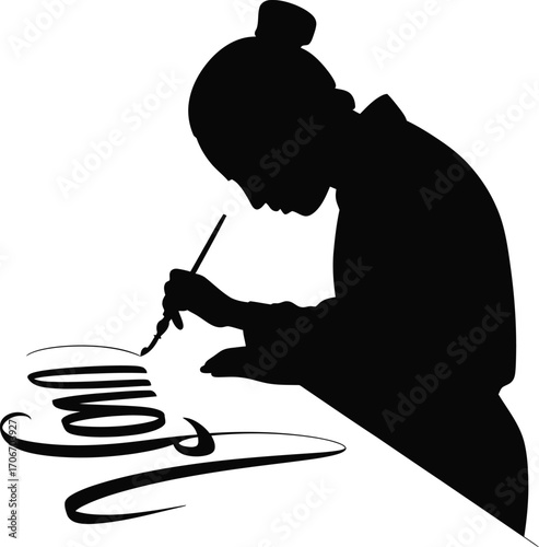 Artistic silhouette of a patient painter mastering intricate calligraphy art