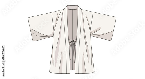 Elegant hand-drawn illustration of a traditional open front garment with tie closure and wide sleeves offering a minimalist aesthetic