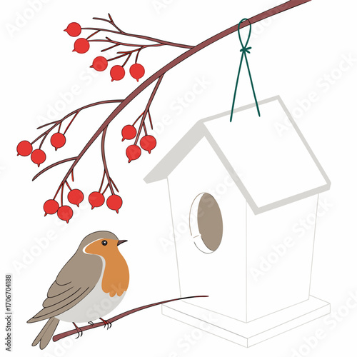 Robin bird on branch near white birdhouse and berries