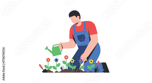 Illustration of a gardener tending to flowers with a watering can and gardening tools in a vibrant, isolated scene