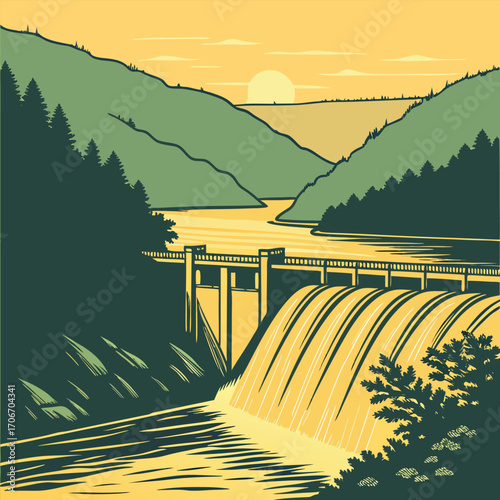 Scenic dam and waterfall at sunset in a mountainous landscape