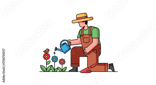Illustration showcasing a gardener tending to flowers with watering can, symbolizing growth and care in nature