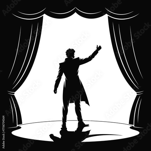 A single performer takes a final bow on stage silhouette