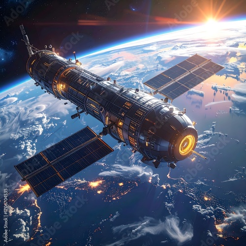 Wallpaper Mural Futuristic satellite with solar panels orbiting planet Earth at sunrise, showcasing advanced space exploration technology and global communication Torontodigital.ca