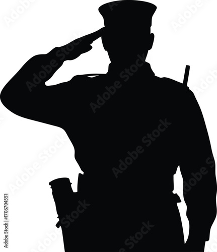 Proud policeman in uniform saluting with respect silhouette