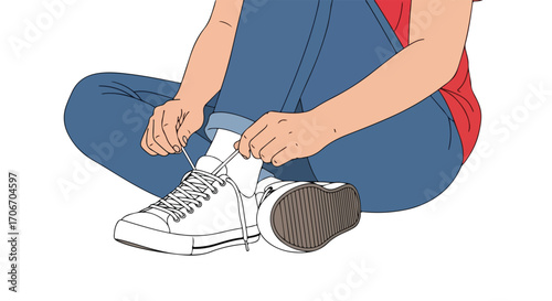 A young person casually sits cross-legged, diligently tying the laces of their crisp white canvas sneakers, preparing for an urban adventure or a