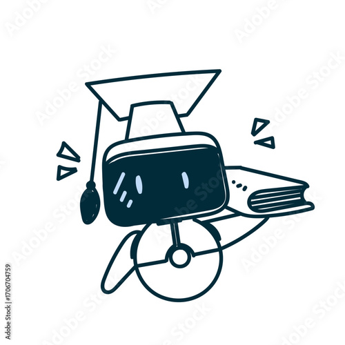 doodle robot with graduation hat holding book