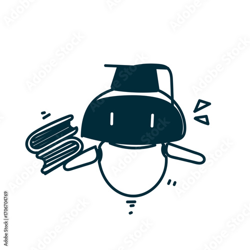 doodle robot with graduation hat holding book