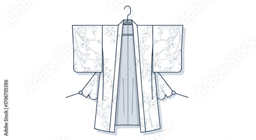 Elegant japanese kimono with delicate floral pattern, hanging gracefully, a symbol of tradition and refined beauty, exuding a sense of timeless
