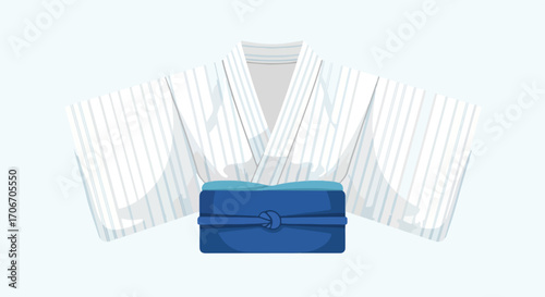 Isolated illustration depicting a traditional japanese yukata with white stripes and a blue obi sash neatly tied around it ready to wear